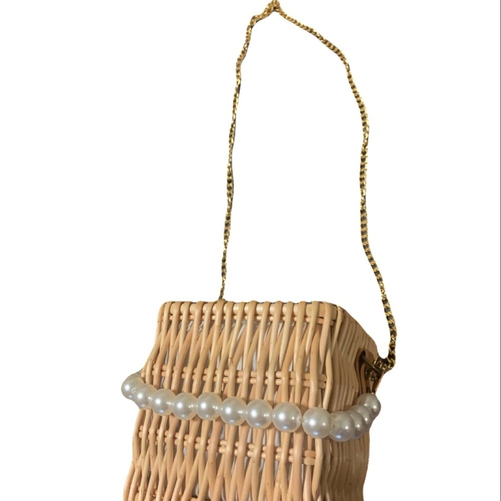 1 left! Faux Pearl Rattan Khaki Small Bucket Bag - Picture 13 of 16